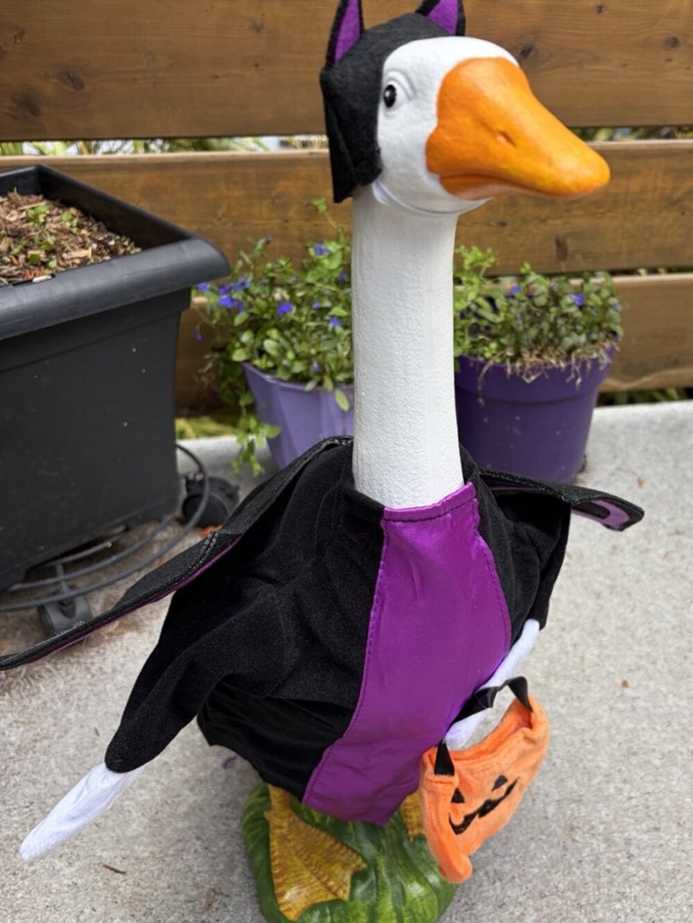 Porch Goose Lawn Statue with Halloween Bat Outfit - New